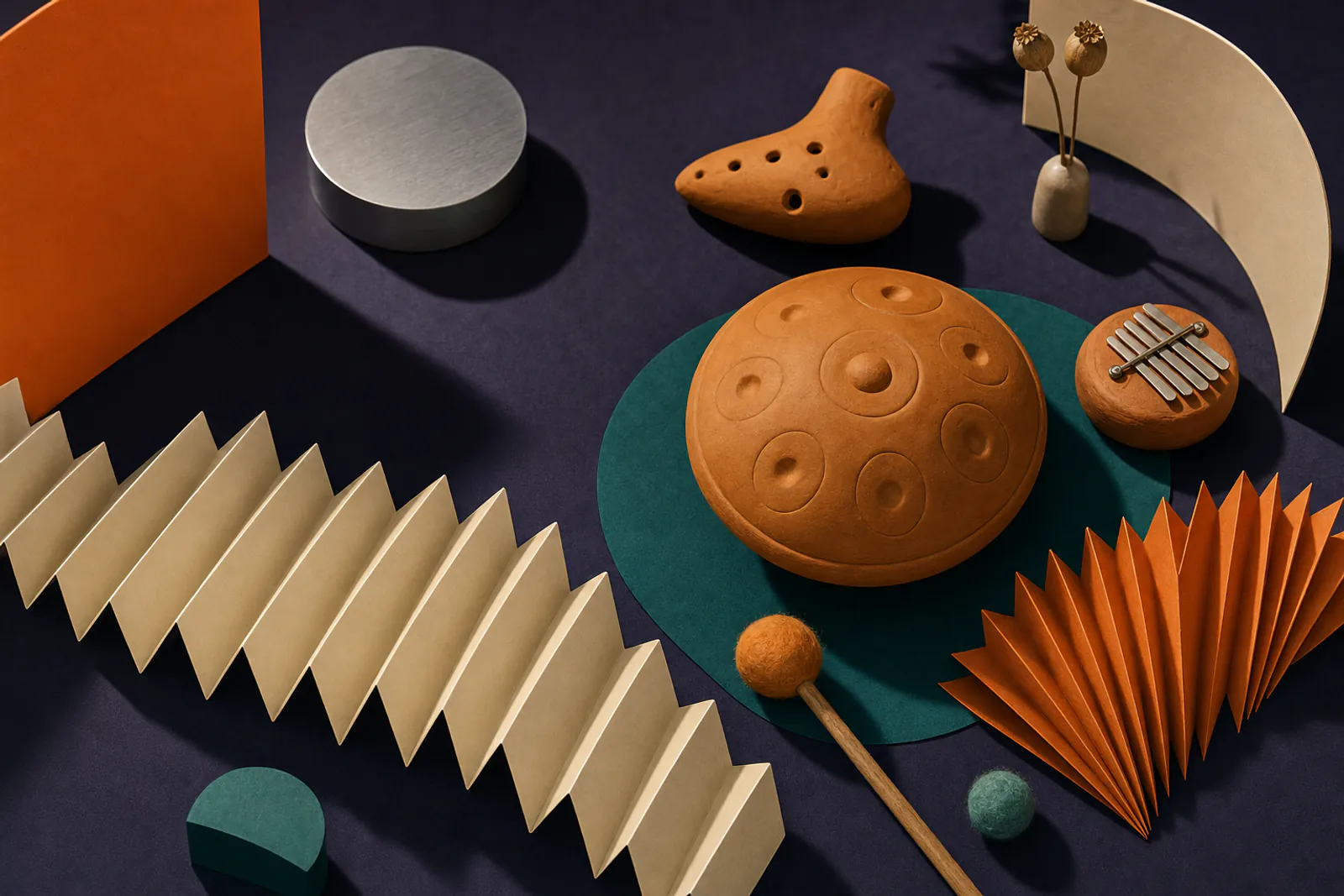 Illustration: a tidy studio table of clay instruments and paper sound waves lit warmly, seen from above on a violet field.