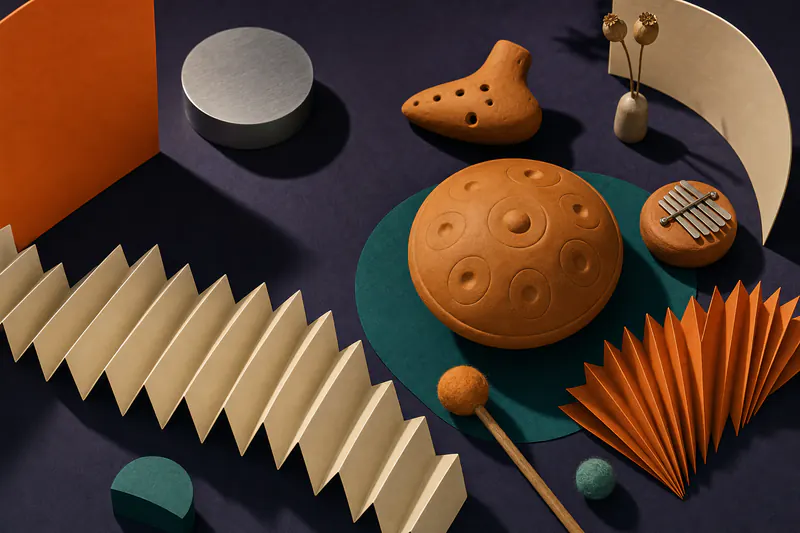 Illustration: a tidy studio table of clay instruments and paper sound waves lit warmly, seen from above on a violet field.