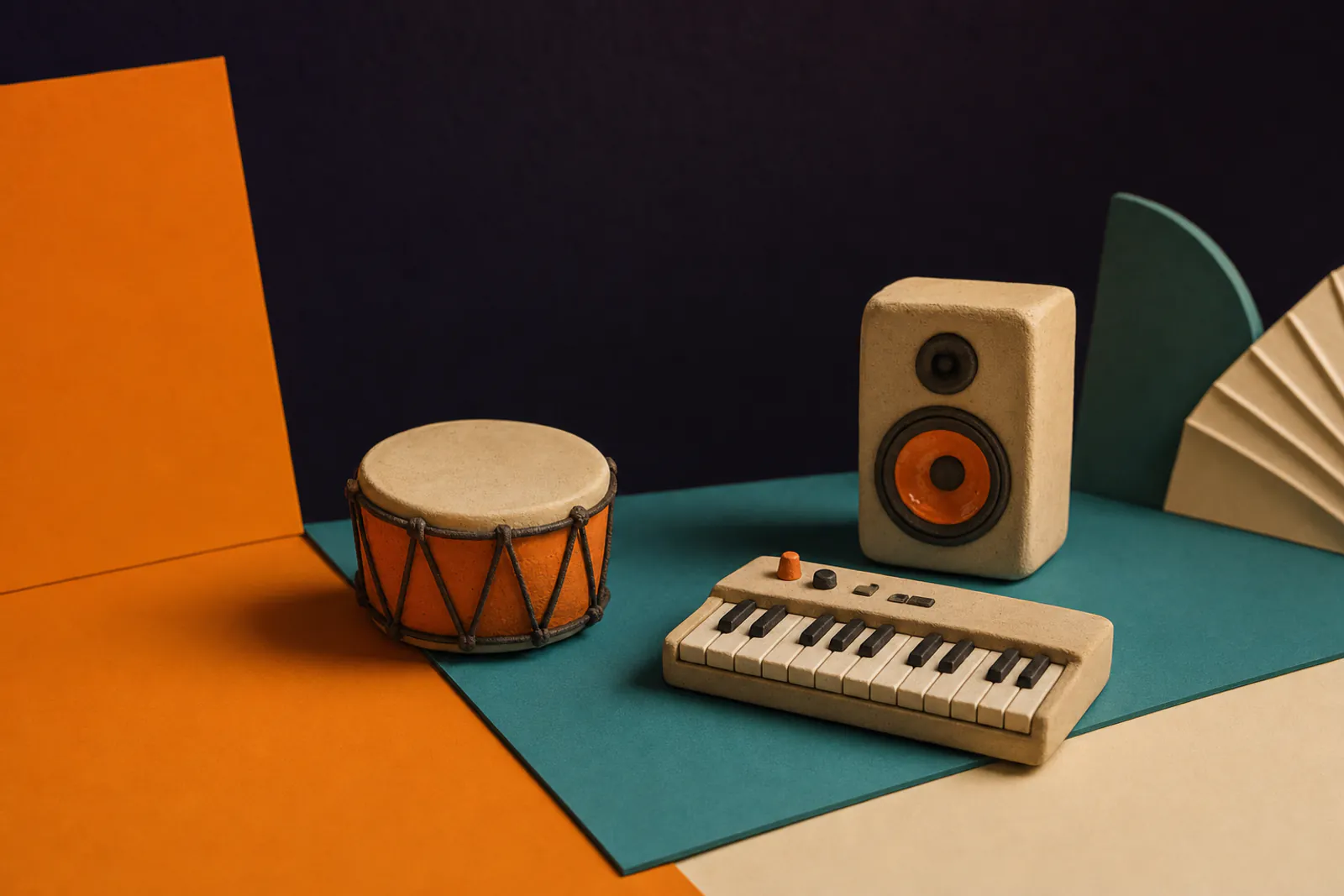 Illustration: a miniature studio of clay objects: a drum, a keyboard and a speaker arranged on overlapping orange and teal color planes.
