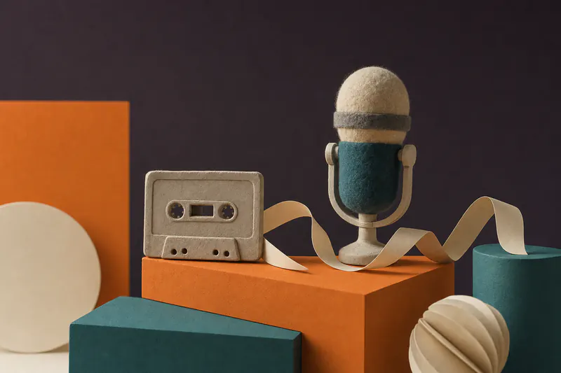Illustration: a small felt microphone and a clay cassette on stacked orange and teal blocks, a paper ribbon of sound looping between them.