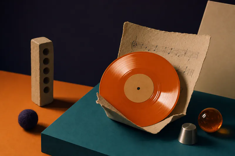 Illustration: a rough paper sketch of a melody folded into a polished glossy orange record on a teal workbench block.