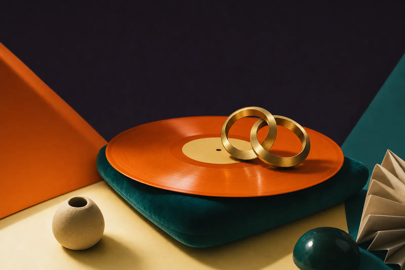 Illustration: two interlocking brushed brass rings resting on a glossy orange record on a teal velvet cushion.