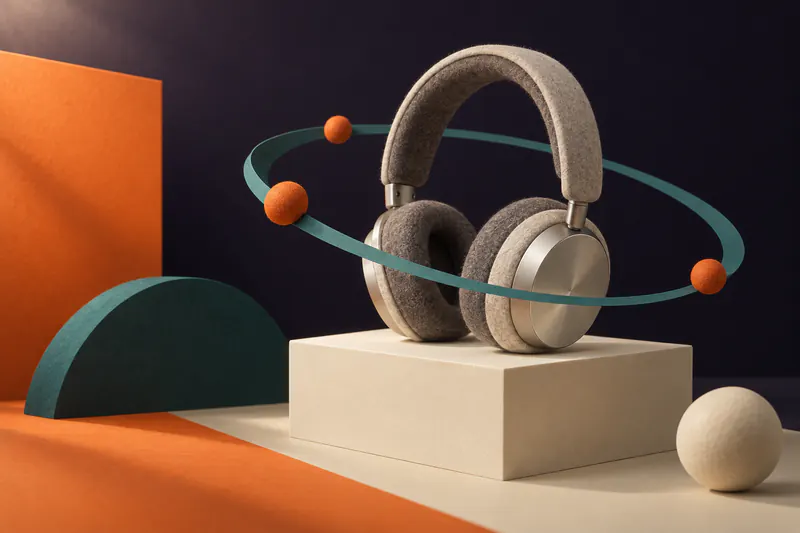 Illustration: felt headphones resting on a cream plinth while a teal paper ring orbits around them, small orange spheres placed along the orbit.