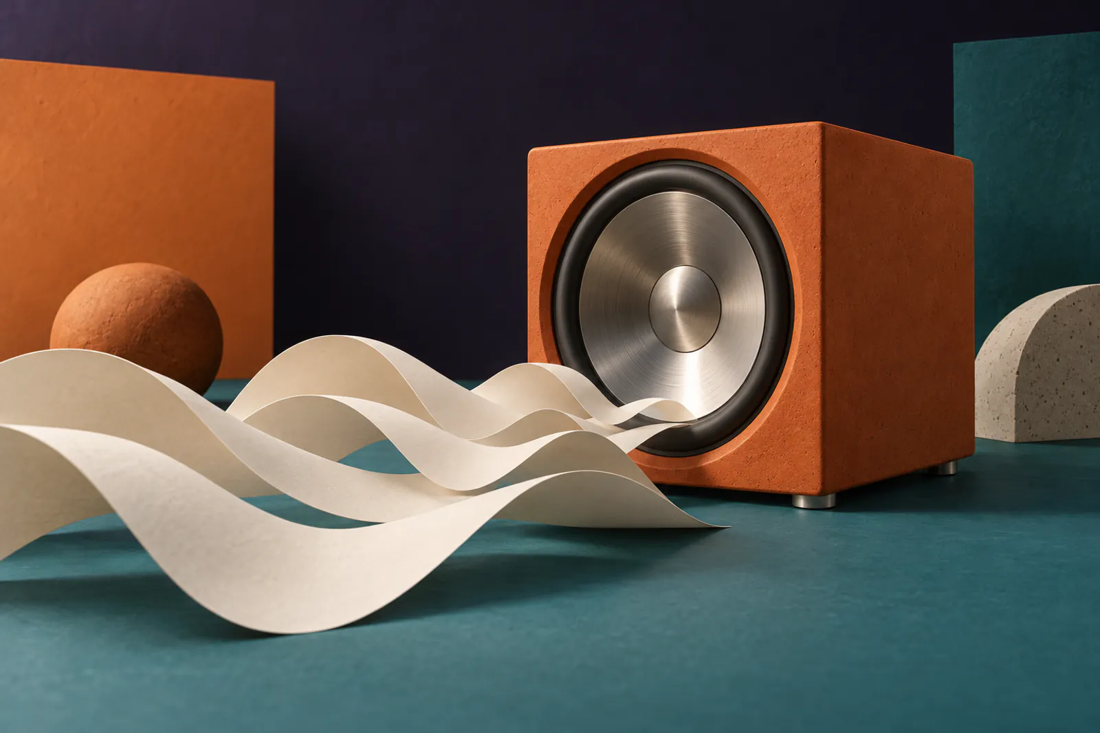 Illustration: a heavy brushed aluminium subwoofer cone in a tangerine clay cabinet, cream paper waves pushing out from it across a teal floor.