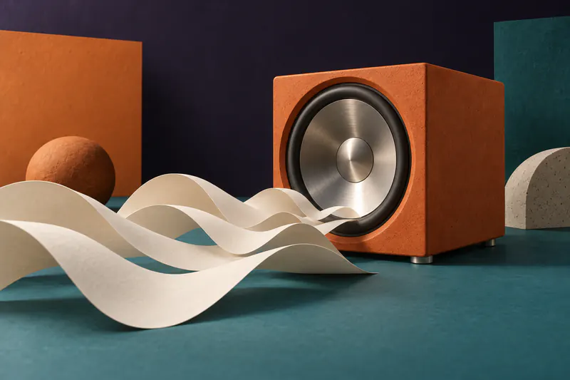 Illustration: a heavy brushed aluminium subwoofer cone in a tangerine clay cabinet, cream paper waves pushing out from it across a teal floor.