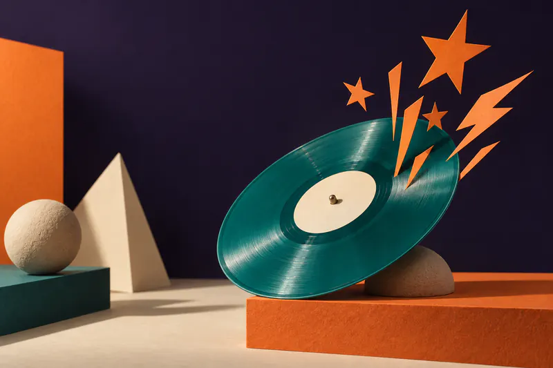 Illustration: a glossy teal resin vinyl record tilted upward with sharp orange paper stars and lightning shapes rising from it on a deep violet field.
