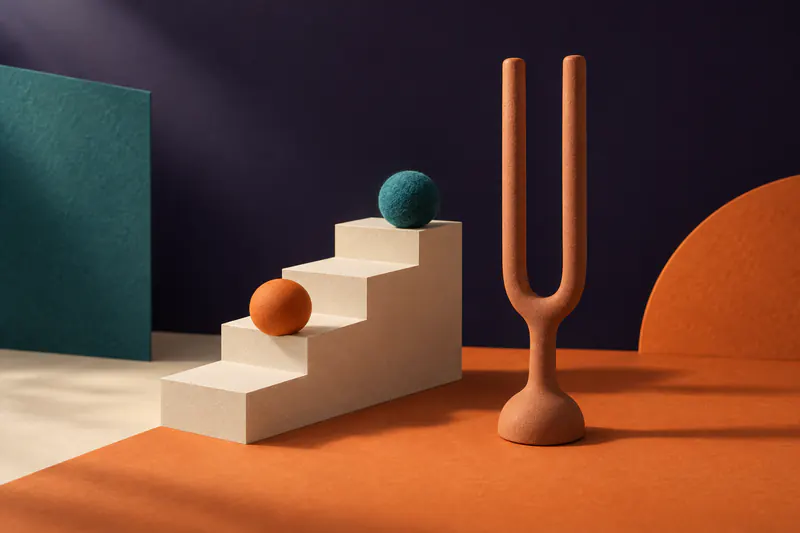 Illustration: a tall clay tuning fork beside stepped cream paper stairs rising in even steps, an orange sphere on one step and a teal sphere on another.