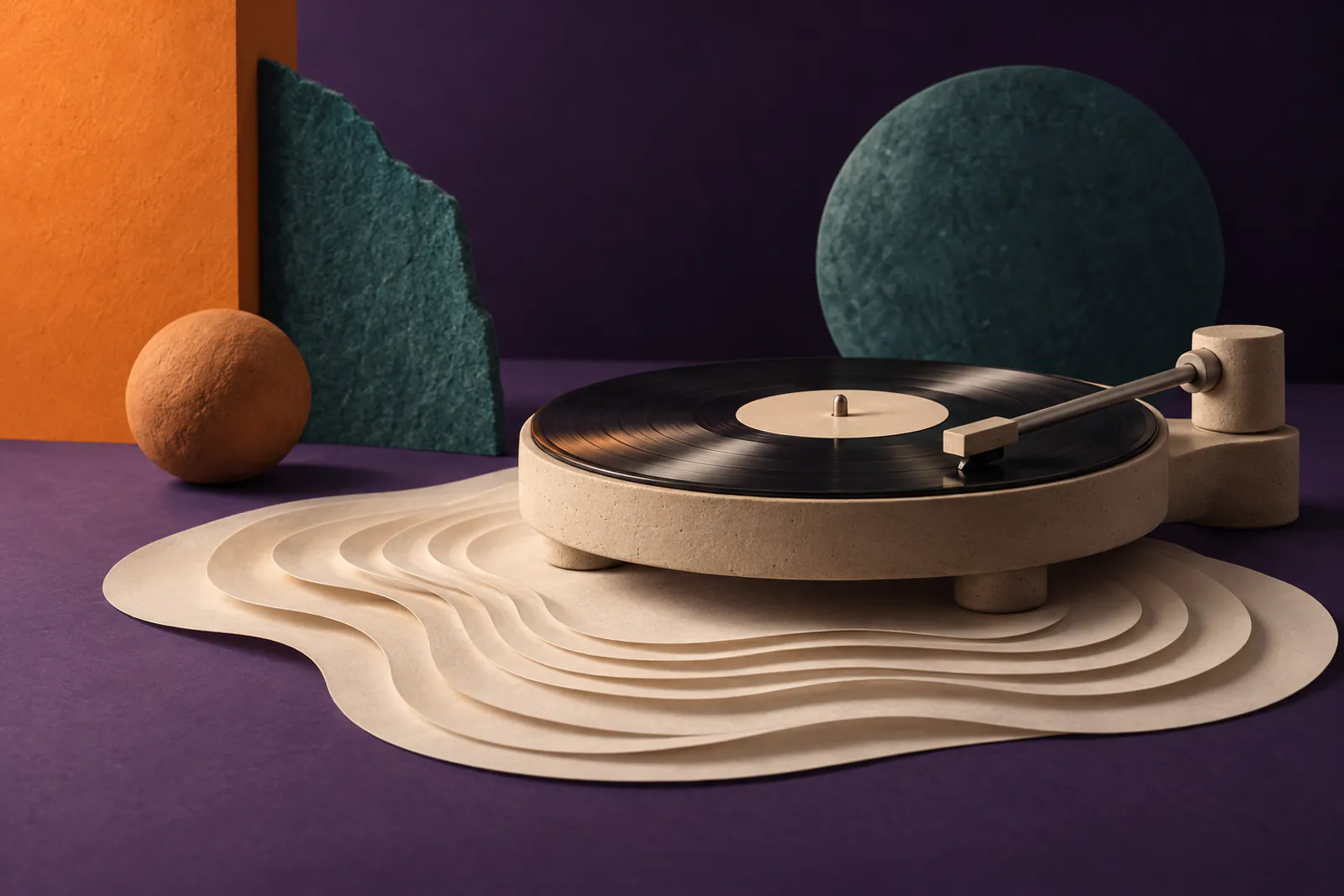 Illustration: a clay turntable spinning slowly on a violet plane, soft cream paper ripples spreading outward like an echo, a dim teal moon-shaped disc behind.