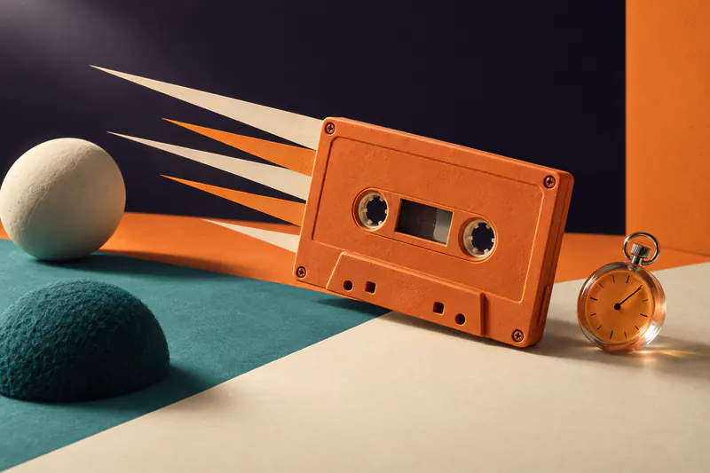 Illustration: a tangerine clay cassette with paper speed streaks bursting forward over teal and cream planes, a tiny resin stopwatch beside it.