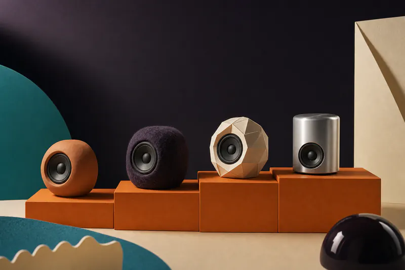 Illustration: a row of four small sculptural speakers in clay, felt, paper and metal lined up on graduated orange plinths.