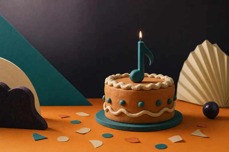 Illustration: a clay birthday cake with a single teal candle shaped like a music note, surrounded by paper confetti on an orange field.