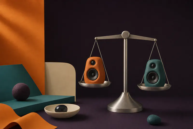 Illustration: a balance scale in brushed aluminium weighing two small clay speakers, one orange and one teal, on a violet field.