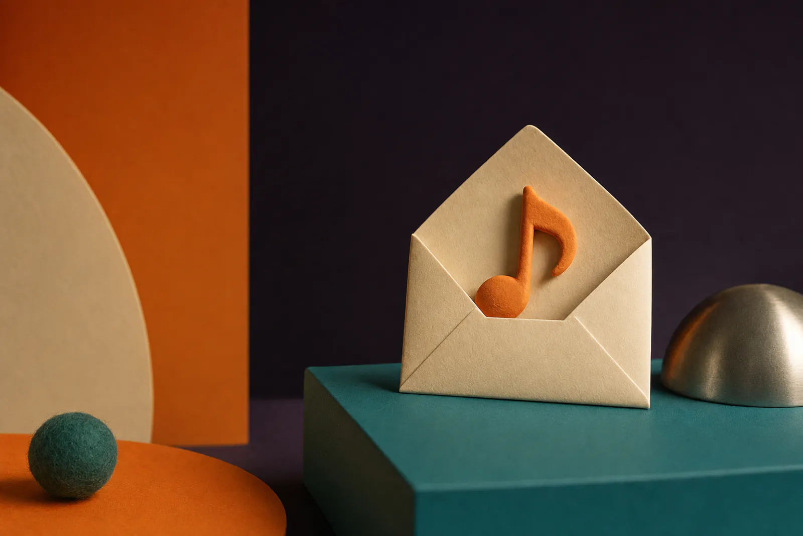 Illustration: a folded cream paper envelope with a small orange clay music note tucked inside, resting on a teal block.