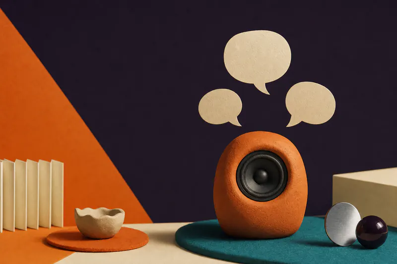 Illustration: three cream paper speech bubbles without writing floating above a tangerine clay speaker.