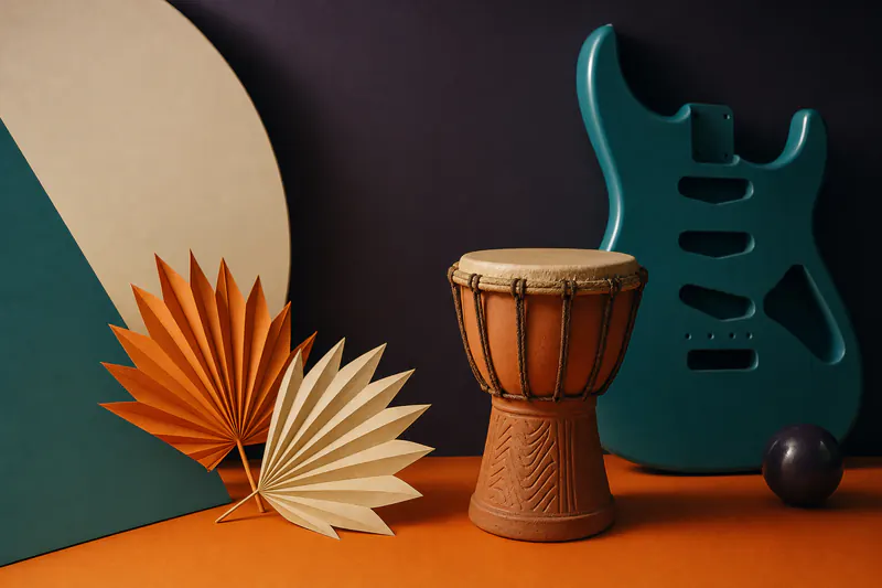 Illustration: a clay talking drum, a teal electric guitar body and paper palm leaves on a warm tangerine field.