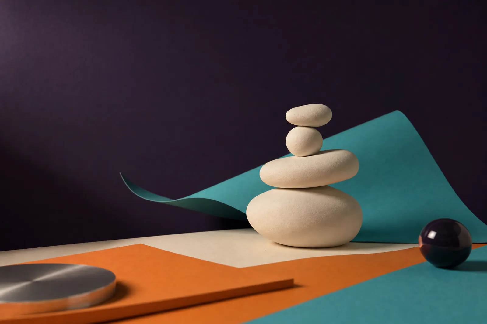 Illustration: smooth cream clay stones balanced in a calm stack, a thin teal paper wave drifting behind them on violet.