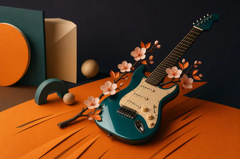 Illustration: a glossy teal electric guitar crossed with a paper cherry-blossom branch on a bright orange field with speed-line paper cuts.