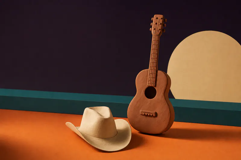 Illustration: a clay acoustic guitar beside a cream paper cowboy hat on a warm tangerine field with a teal horizon line.