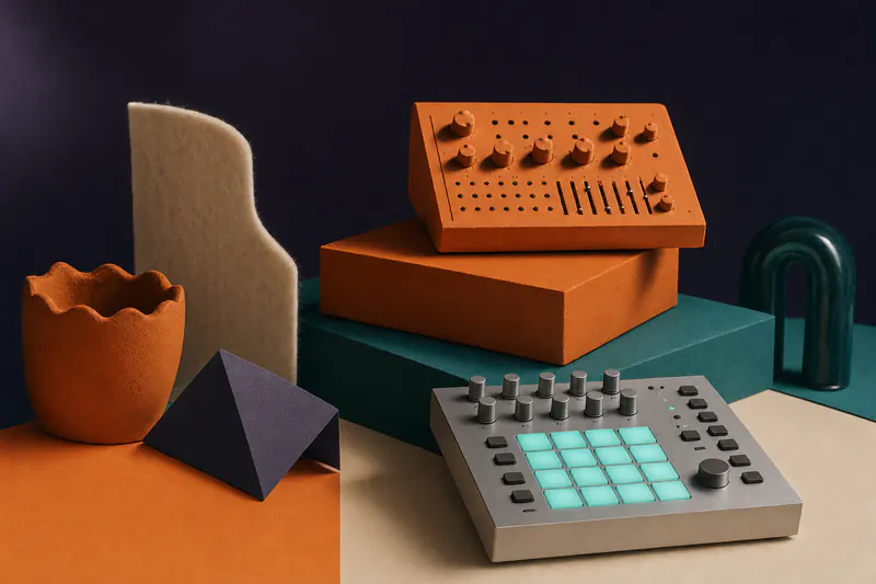 Illustration: a brushed aluminium drum machine with glowing teal pads and an orange clay synth on stacked blocks.