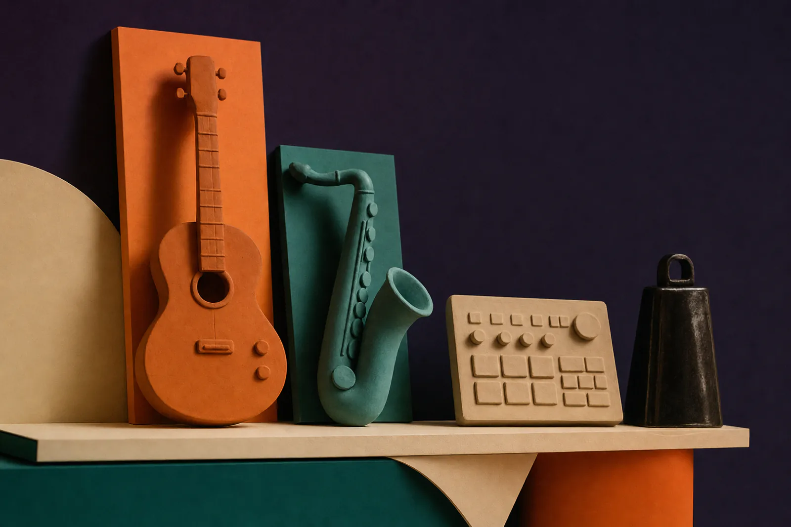 Illustration: a colorful shelf of clay objects, each a different instrument: a guitar, a saxophone, a drum machine and a cowbell.
