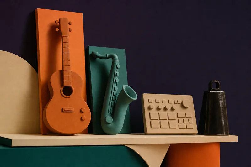 Illustration: a colorful shelf of clay objects, each a different instrument: a guitar, a saxophone, a drum machine and a cowbell.