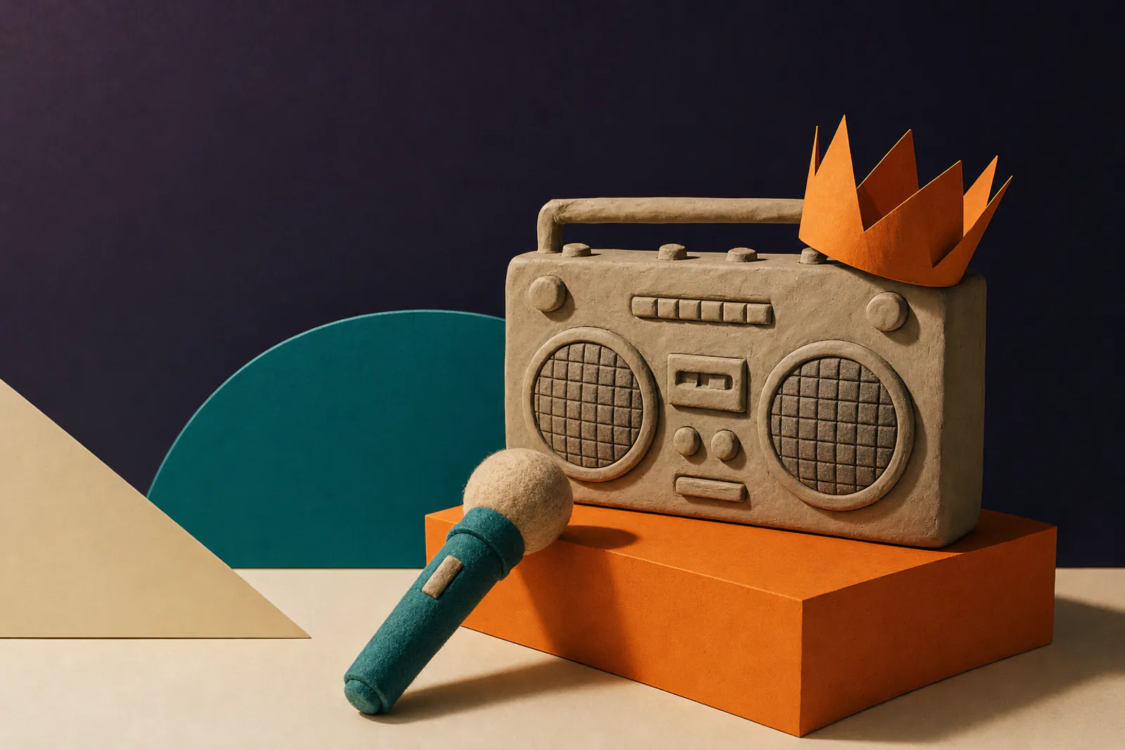 Illustration: a clay boombox and a felt microphone on an orange block, a paper crown resting on top of the speaker.