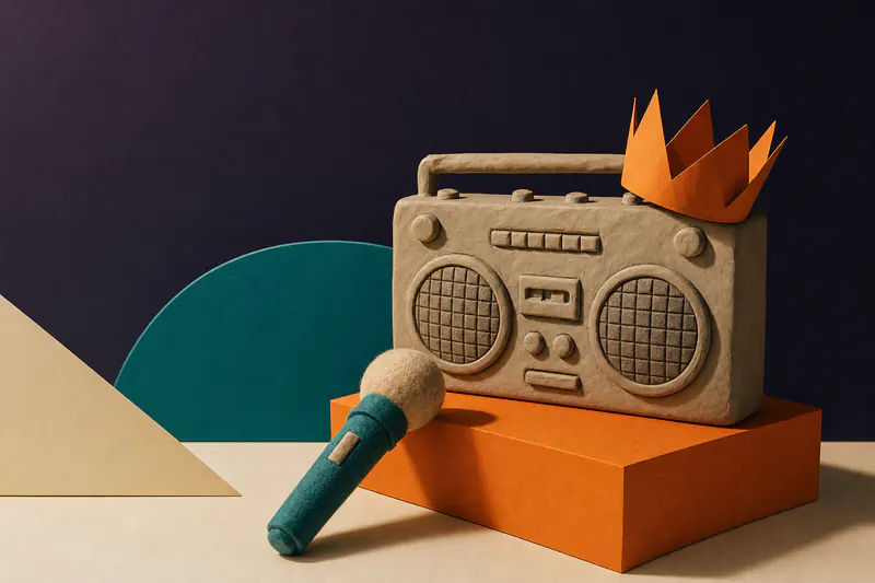 Illustration: a clay boombox and a felt microphone on an orange block, a paper crown resting on top of the speaker.