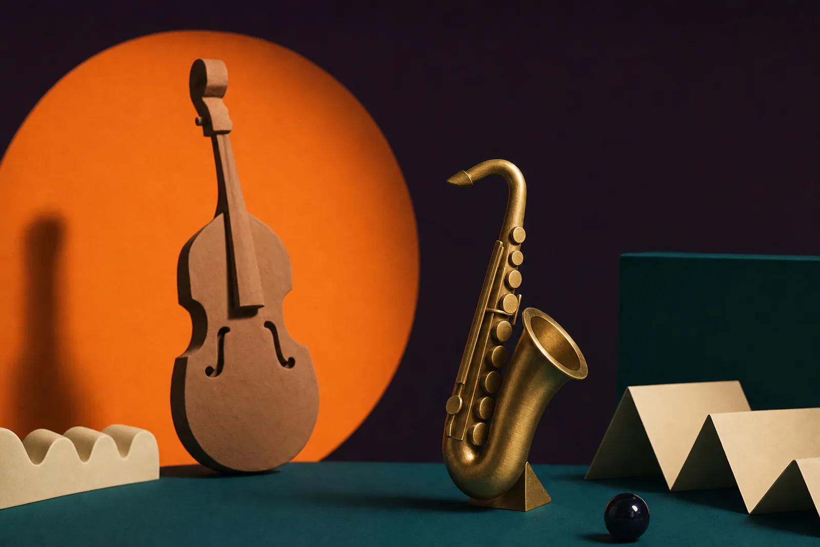 Illustration: a brushed brass saxophone sculpture and a clay upright bass silhouette on a deep teal field with an orange spotlight.