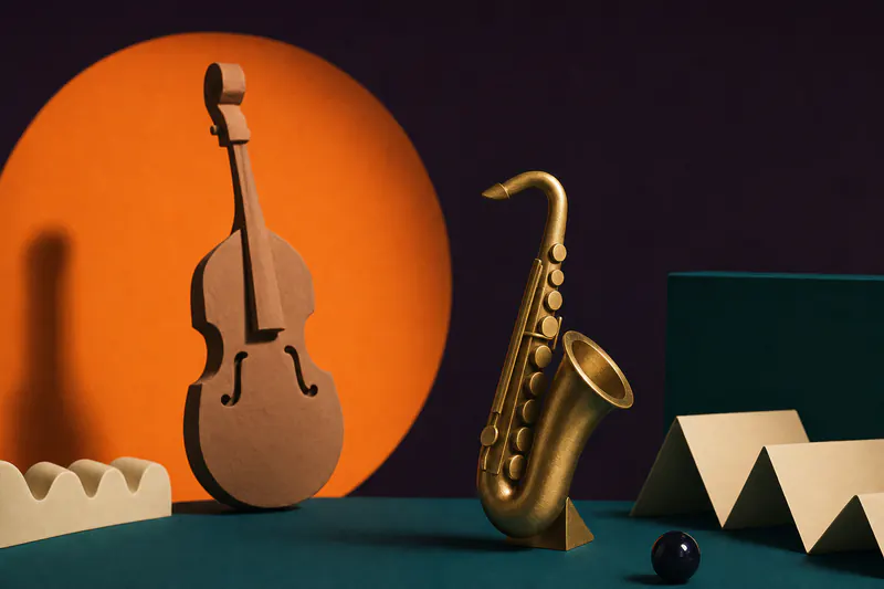 Illustration: a brushed brass saxophone sculpture and a clay upright bass silhouette on a deep teal field with an orange spotlight.