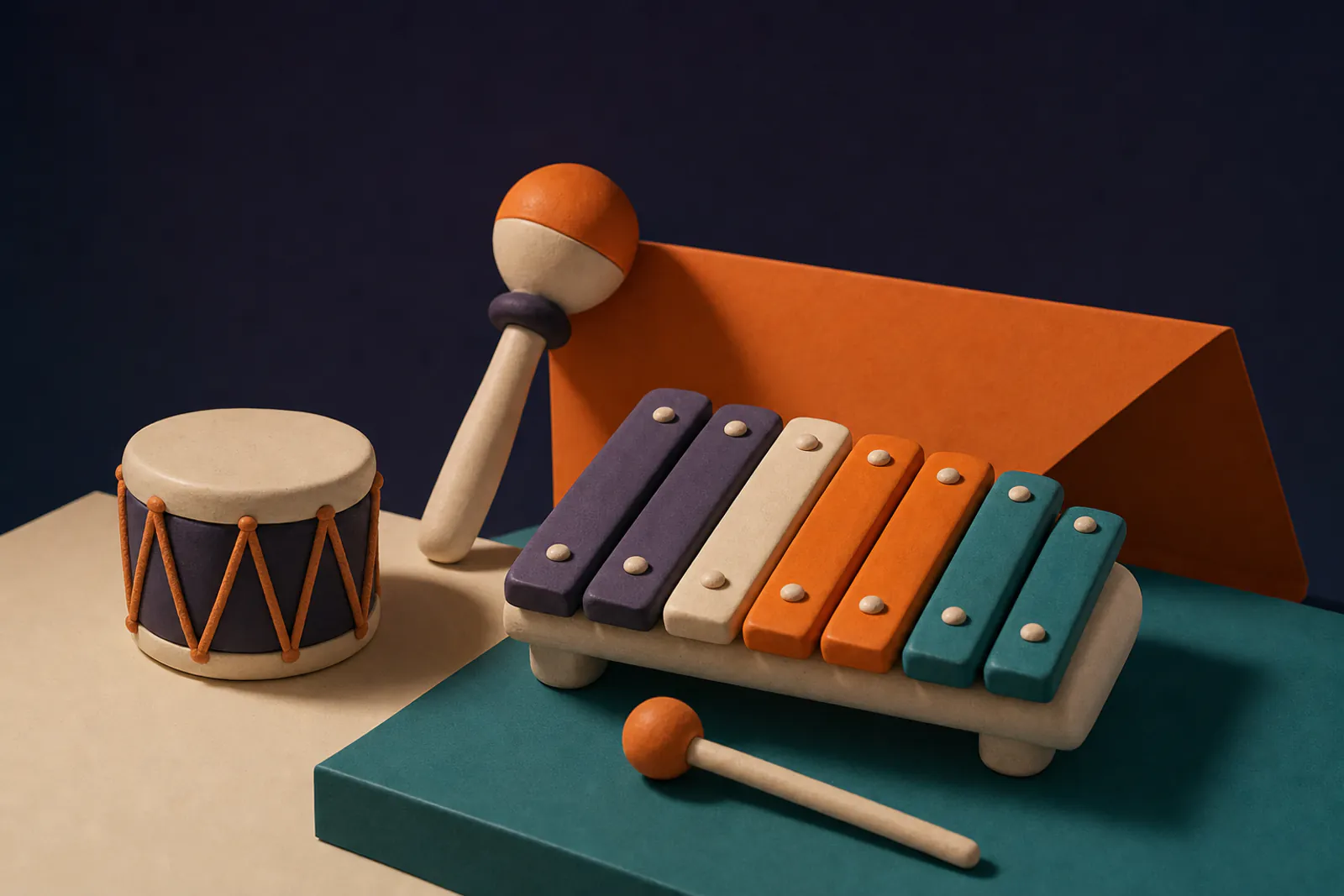 Illustration: chunky toy-like clay instruments, a xylophone, a rattle and a small drum, on soft cream and teal blocks.