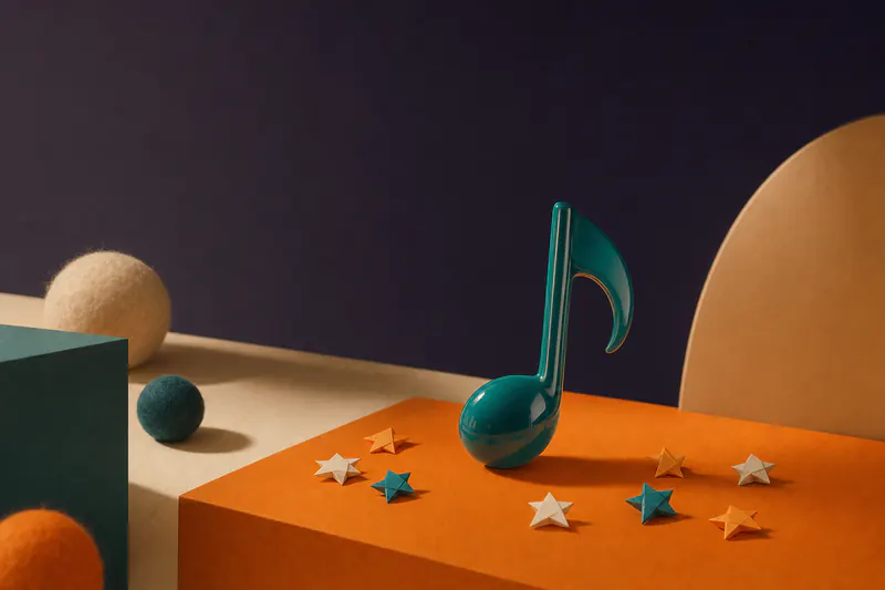 Illustration: a glossy teal light stick shaped like a music note and paper star confetti on a tangerine stage block.
