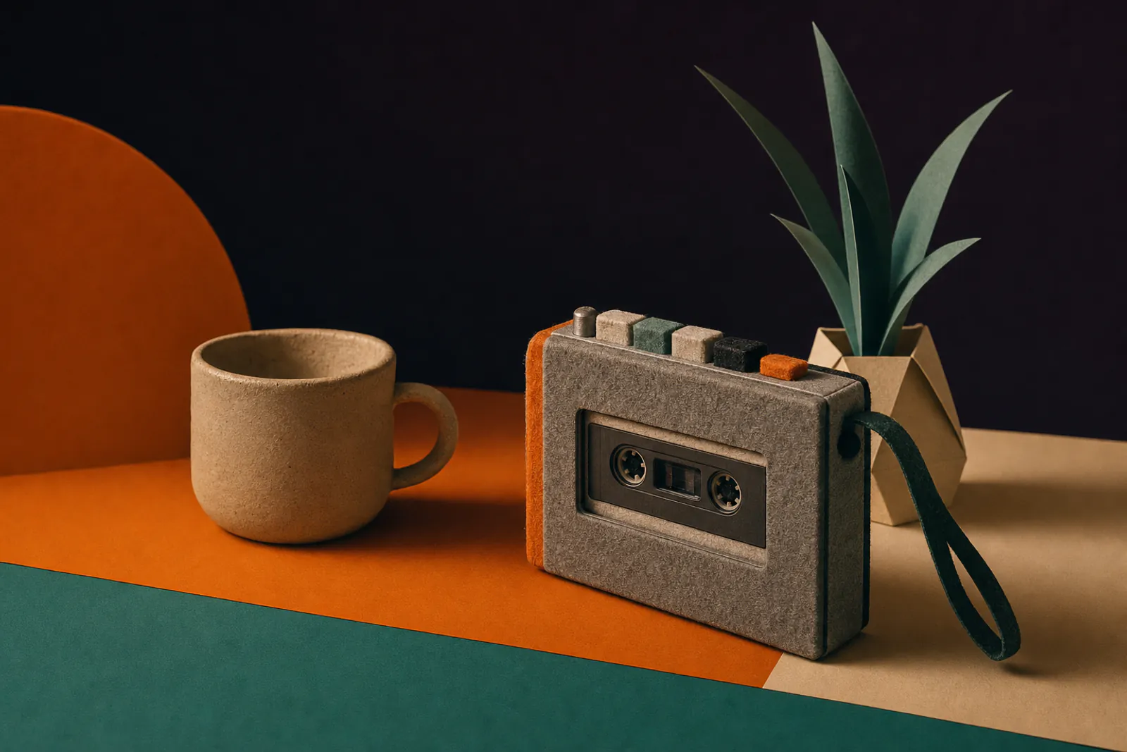 Illustration: a felt cassette player, a clay mug and a small paper plant on a desk of orange and teal planes, dusk mood.