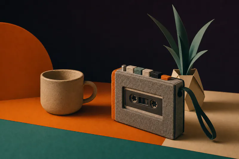 Illustration: a felt cassette player, a clay mug and a small paper plant on a desk of orange and teal planes, dusk mood.