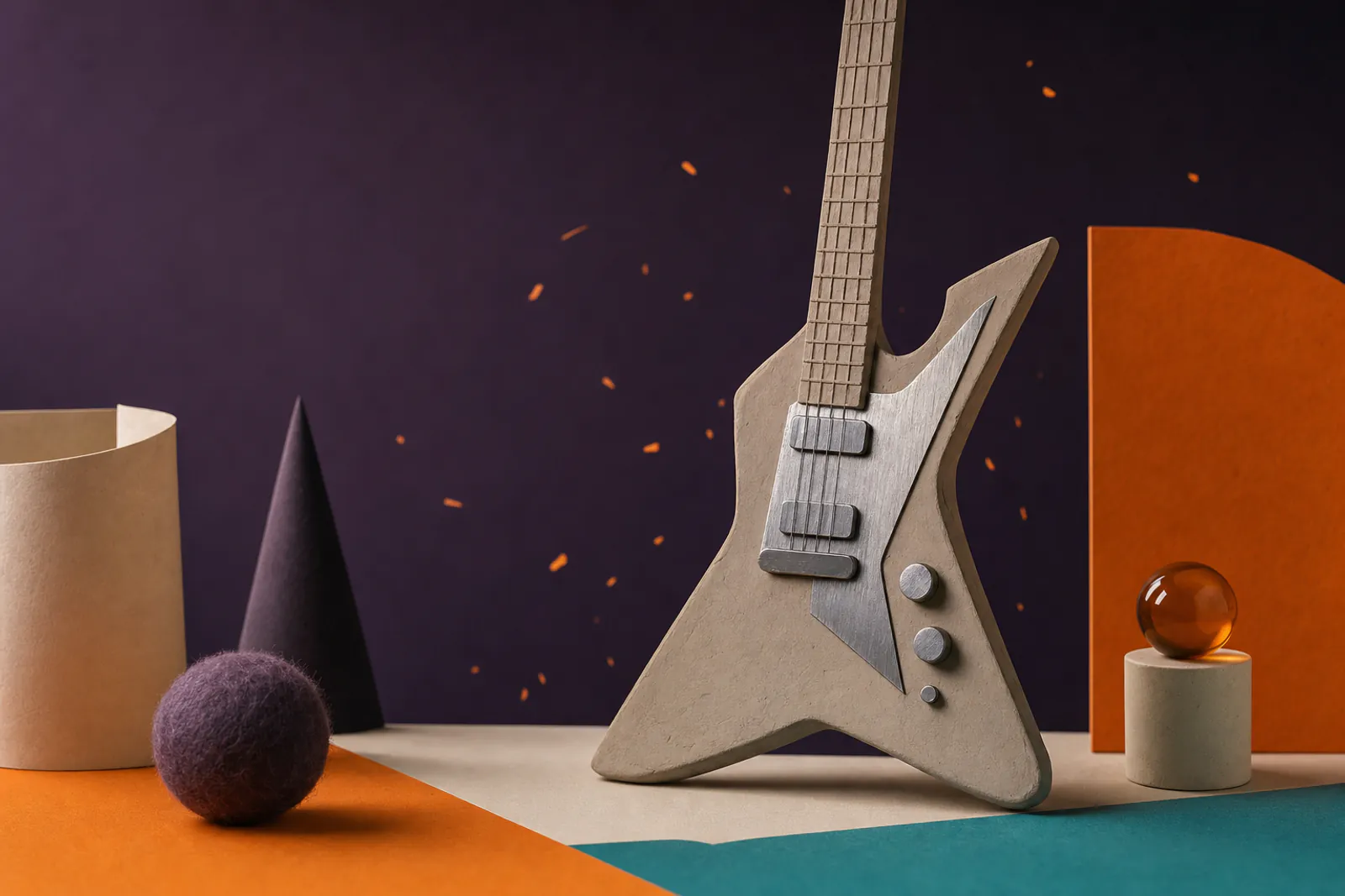 Illustration: a clay electric guitar with sharp angular shapes in brushed aluminium against a deep violet field with orange sparks.