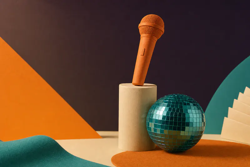 Illustration: a glossy teal disco ball made of resin beside an orange clay microphone on a cream pedestal.