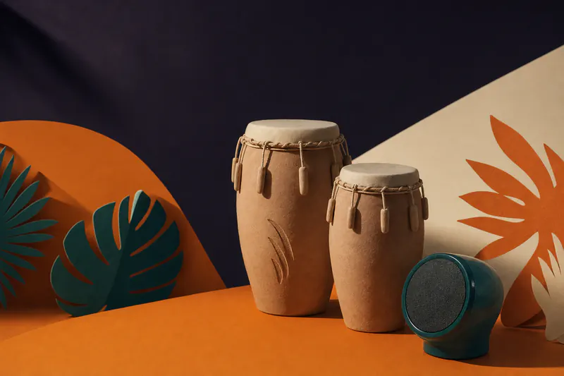 Illustration: a pair of clay conga drums and a teal resin speaker on an orange field with soft tropical paper leaves.