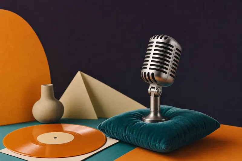 Illustration: a brushed aluminium vintage microphone on a soft teal velvet cushion beside a glossy orange record.