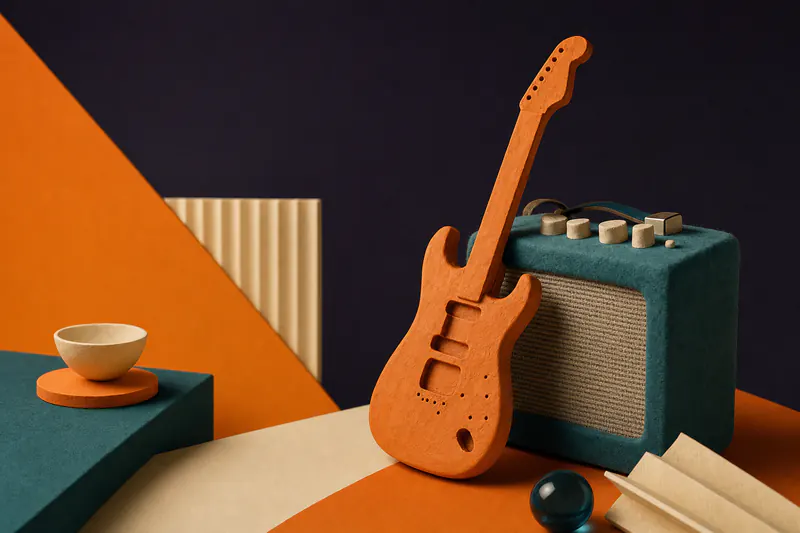 Illustration: a sculptural orange clay electric guitar body leaning on a teal felt amplifier with chunky knobs.