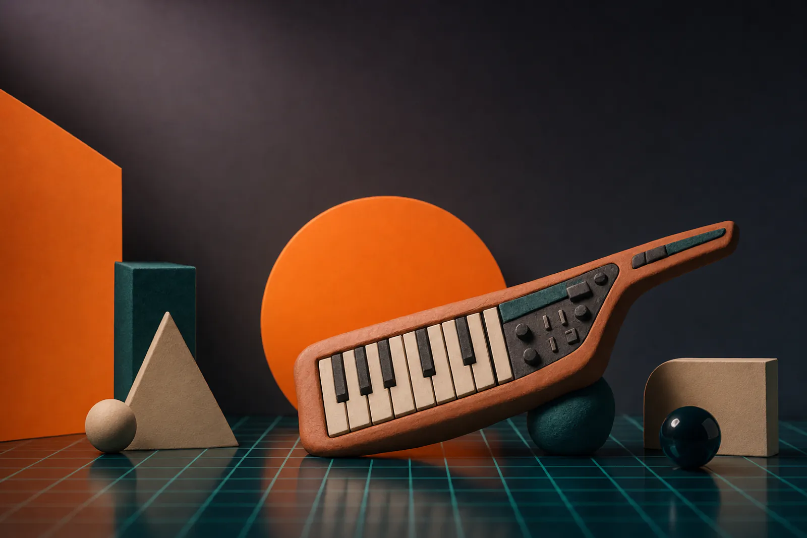 Illustration: a clay keytar on a glossy grid floor of teal lines, an orange paper sun setting behind it.