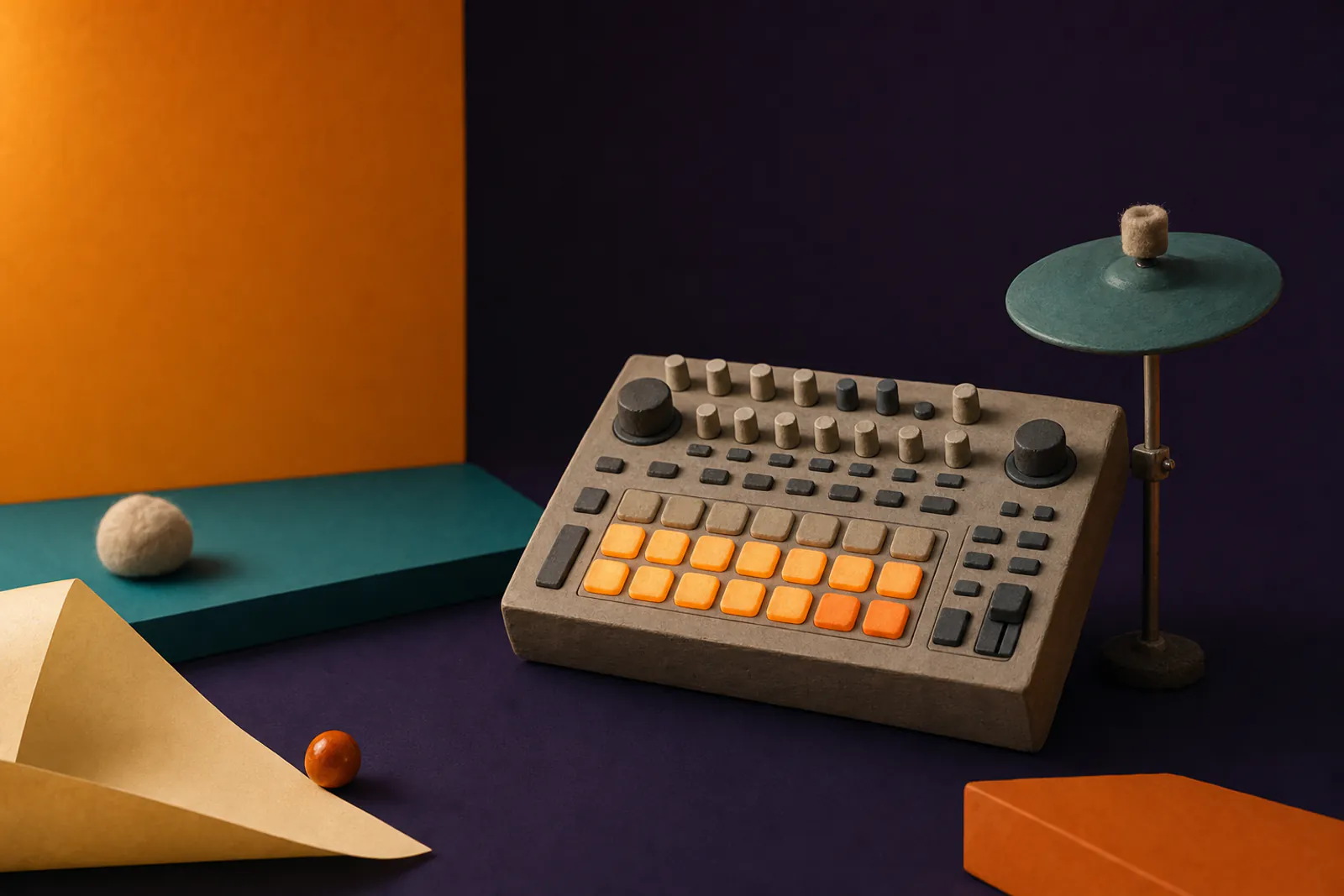 Illustration: a clay 808 drum machine with glowing orange pads and a teal hi-hat cymbal on a violet field.