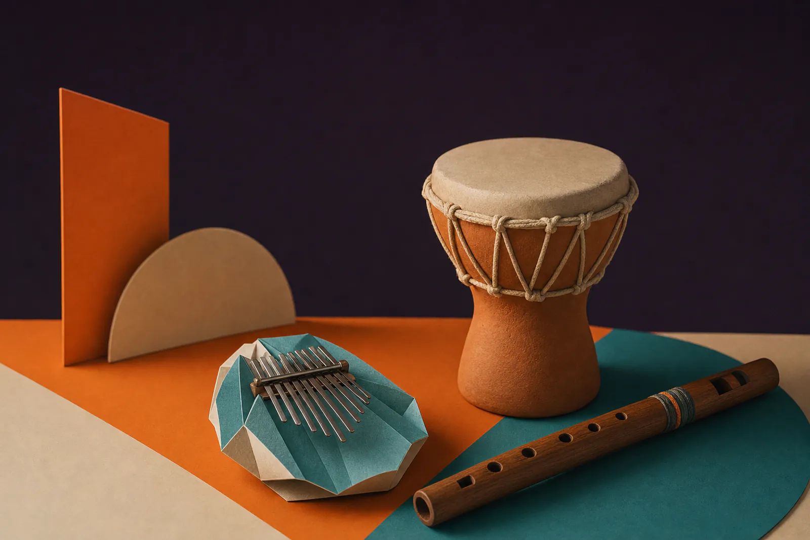 Illustration: a clay hand drum, a paper kalimba and a carved wooden flute arranged on overlapping orange and teal planes.