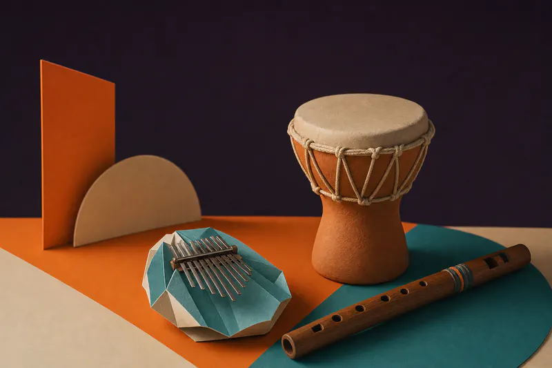 Illustration: a clay hand drum, a paper kalimba and a carved wooden flute arranged on overlapping orange and teal planes.