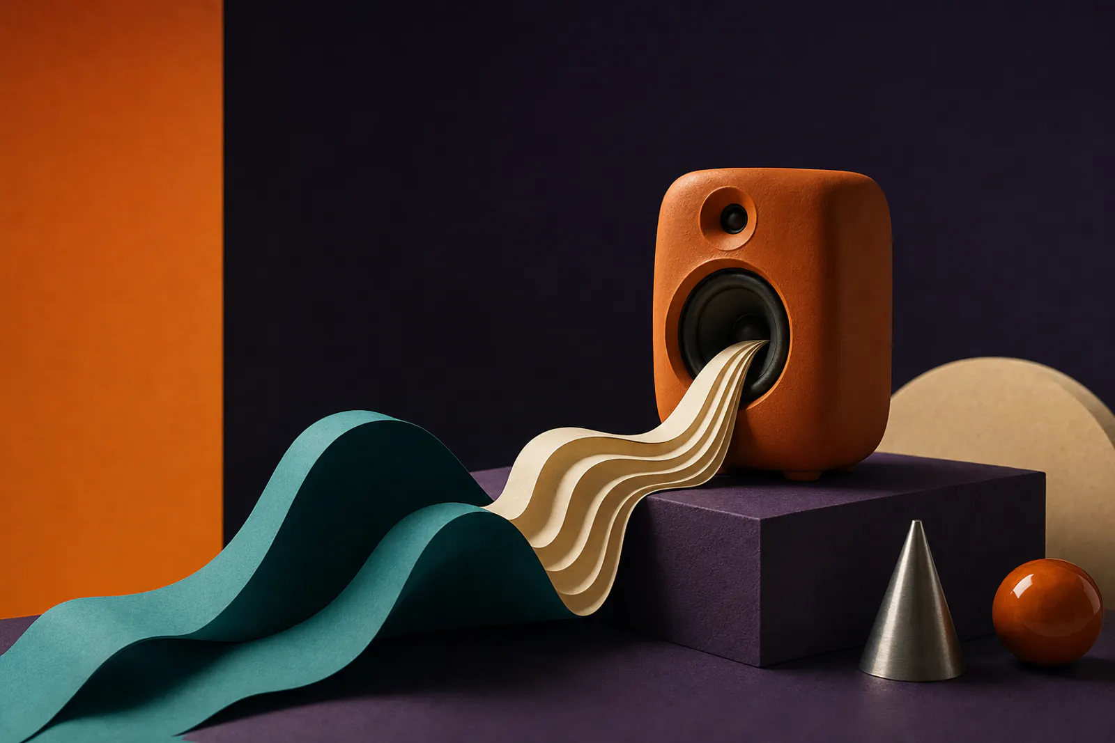 Illustration: a tangerine clay loudspeaker on a violet plinth releasing ribbons of folded cream paper that curve into a teal wave.