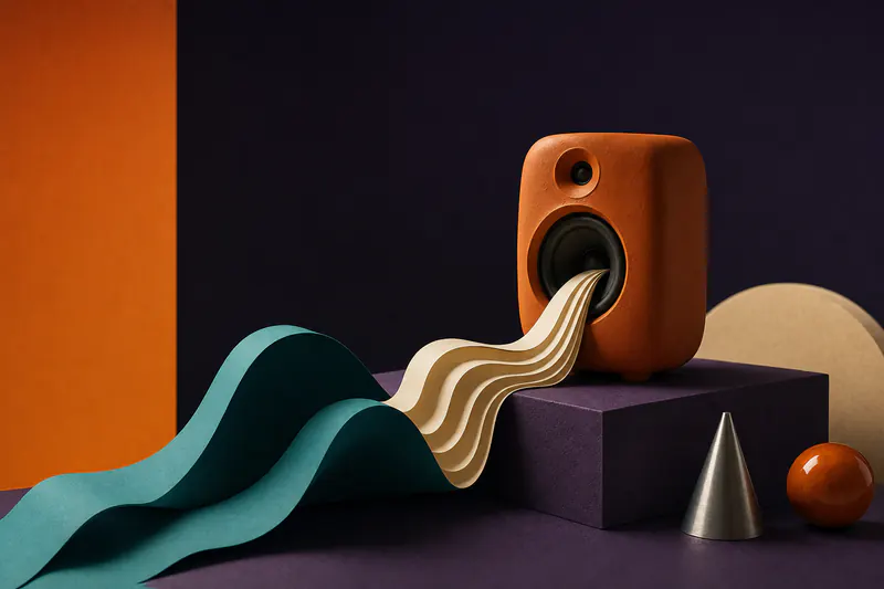 Illustration: a tangerine clay loudspeaker on a violet plinth releasing ribbons of folded cream paper that curve into a teal wave.