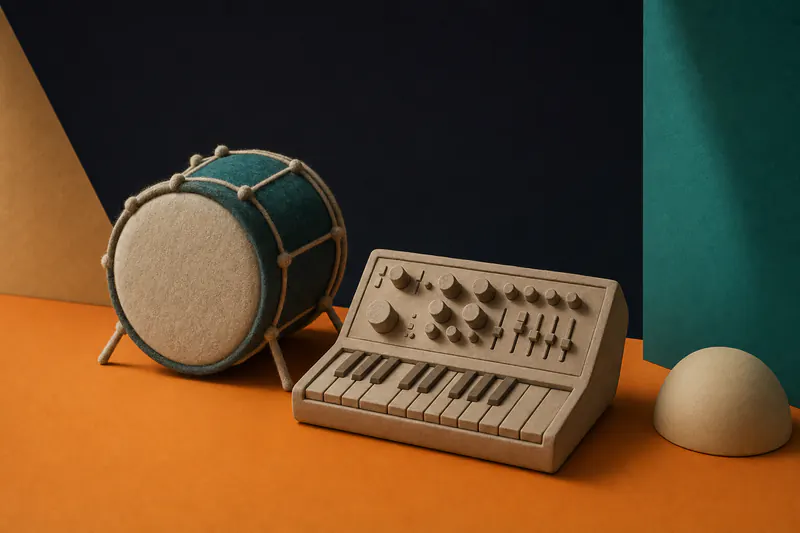 Illustration: a clay synthesizer with chunky knobs next to a felt bass drum on a tangerine plane, no microphone in sight.
