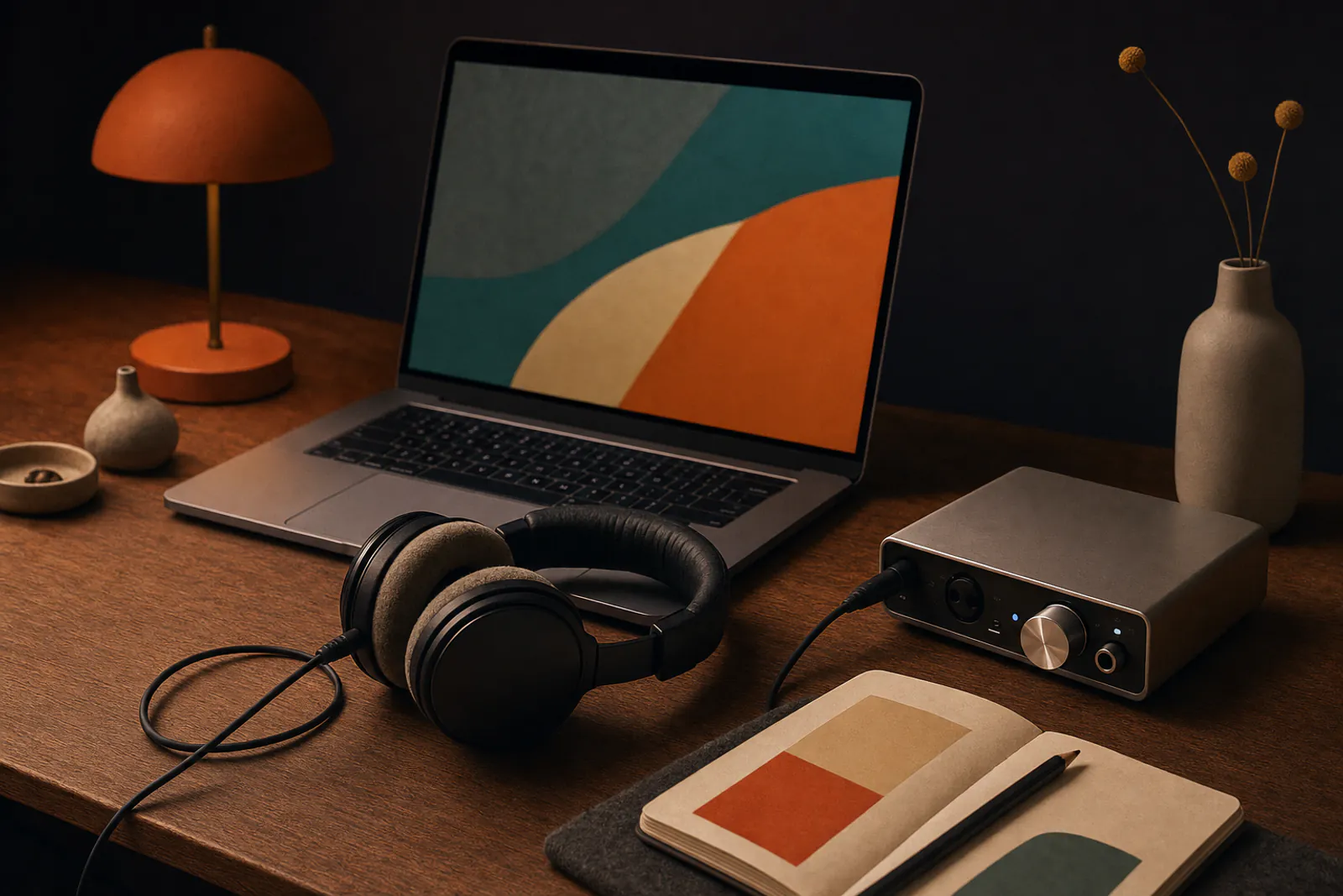 Home studio laptop setup with headphones and interface