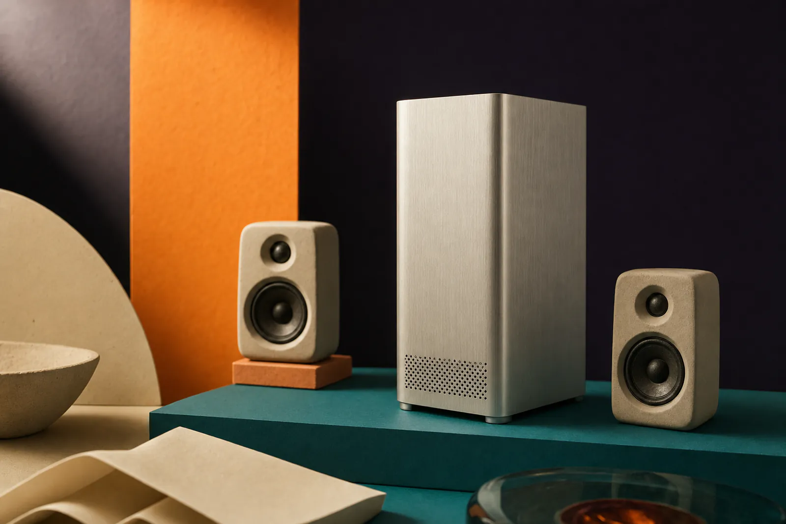 Illustration: a brushed aluminium computer tower sculpture beside clay studio monitors on a teal plane, no screen content.