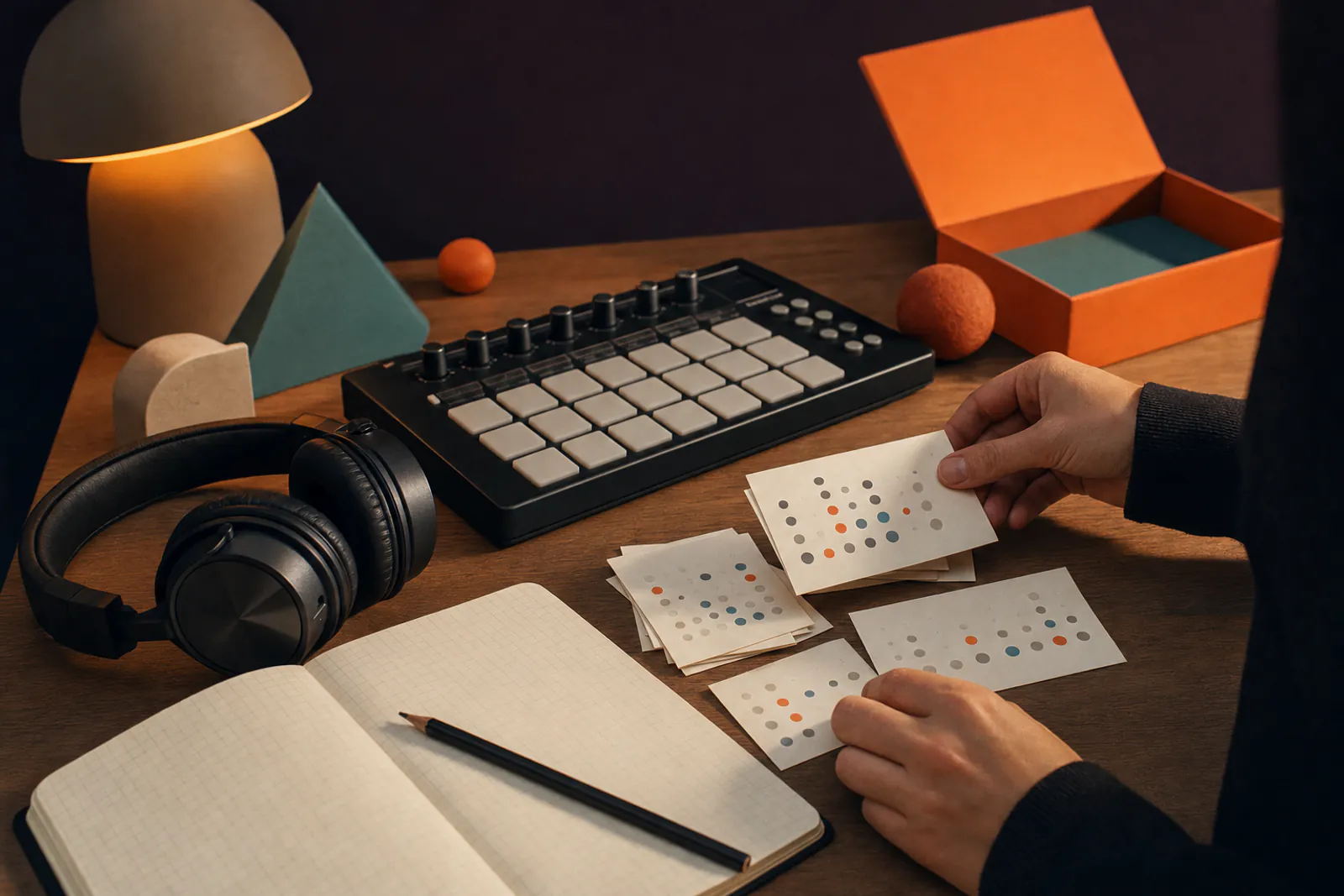 Hands arranging drum pattern cards beside MIDI pads