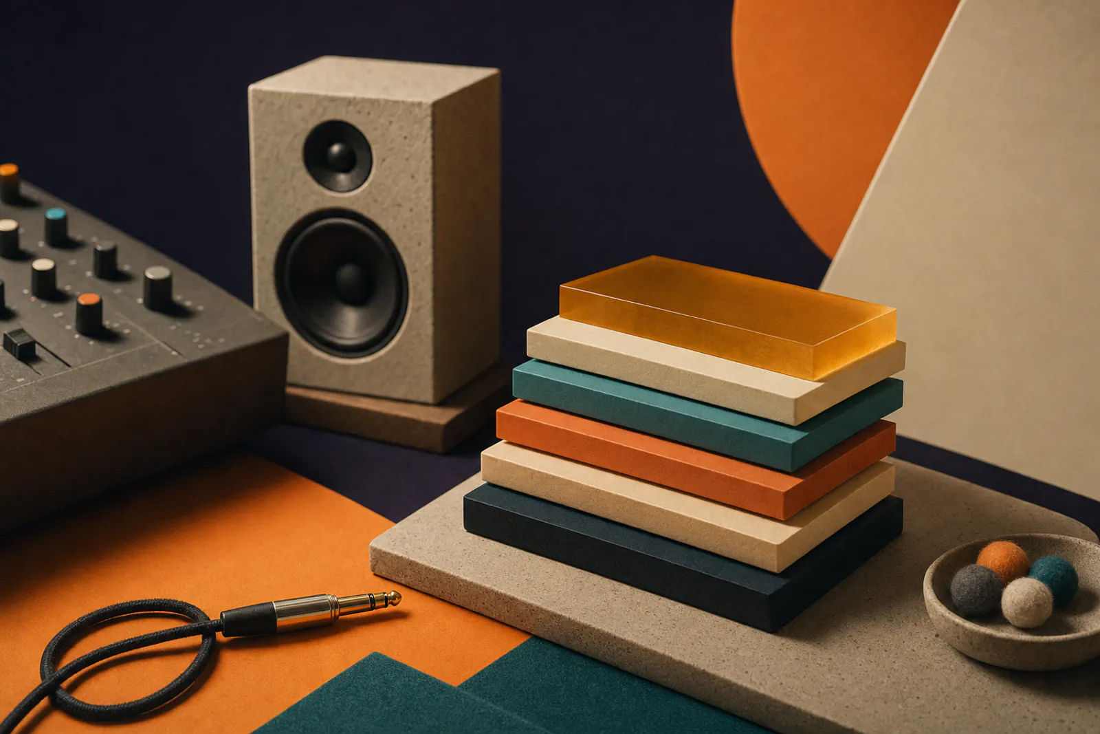 Layered drum sounds shown as blocks on a studio desk
