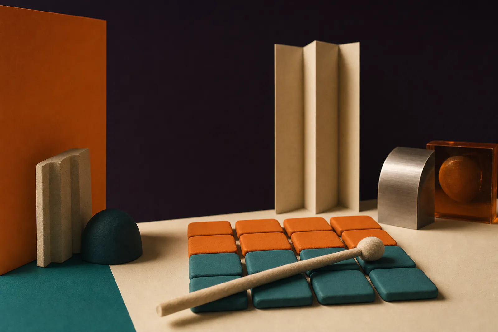 Illustration: a grid of square orange and teal clay pads laid out like a step sequencer with a felt drumstick across.